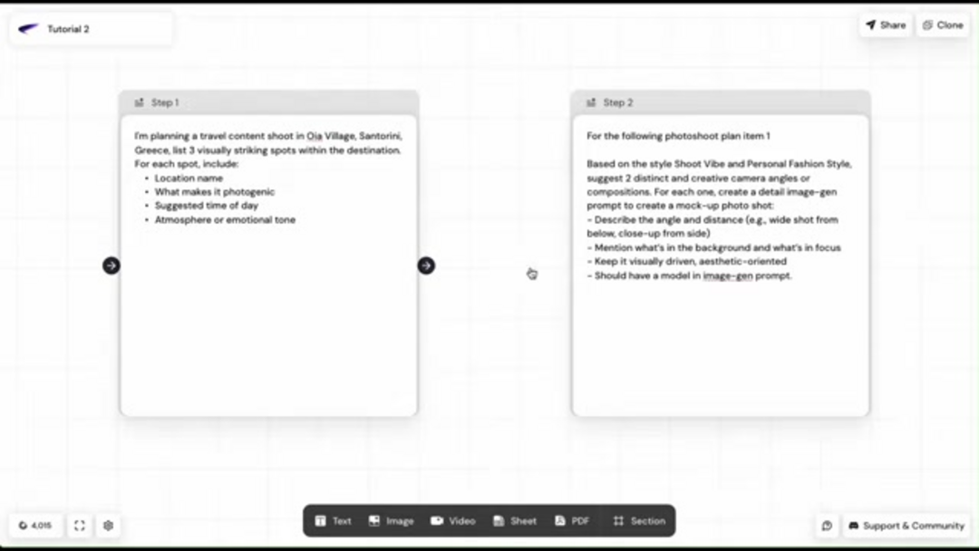 Tablero de planificación de sesión fotográfica en Santorini en Airogram mostrando análisis de ubicación y programación