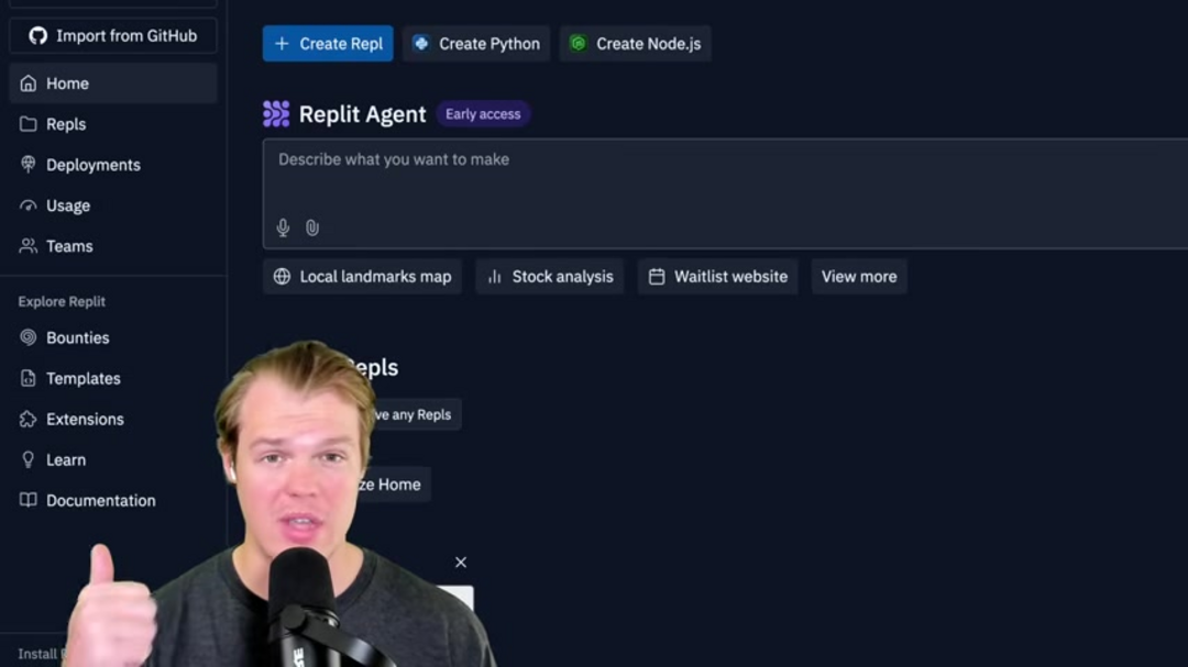 Replit Agent development environment showing code generation from natural language prompts