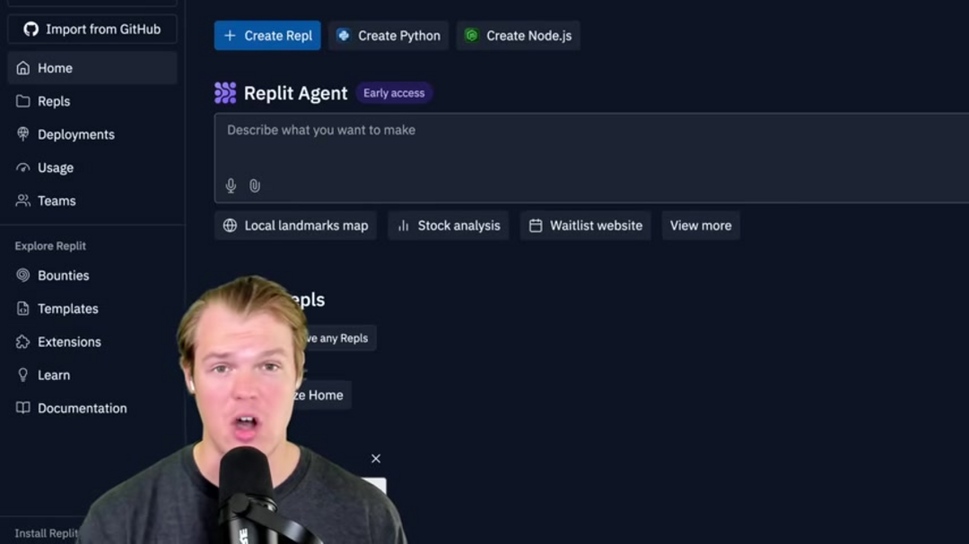 Replit Agent prompt gallery showing various example projects and coding templates