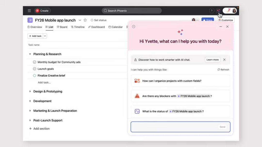 Asana AI 界面显示智能项目设置建议