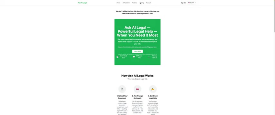 Ask AI Legal dashboard showing document creation interface