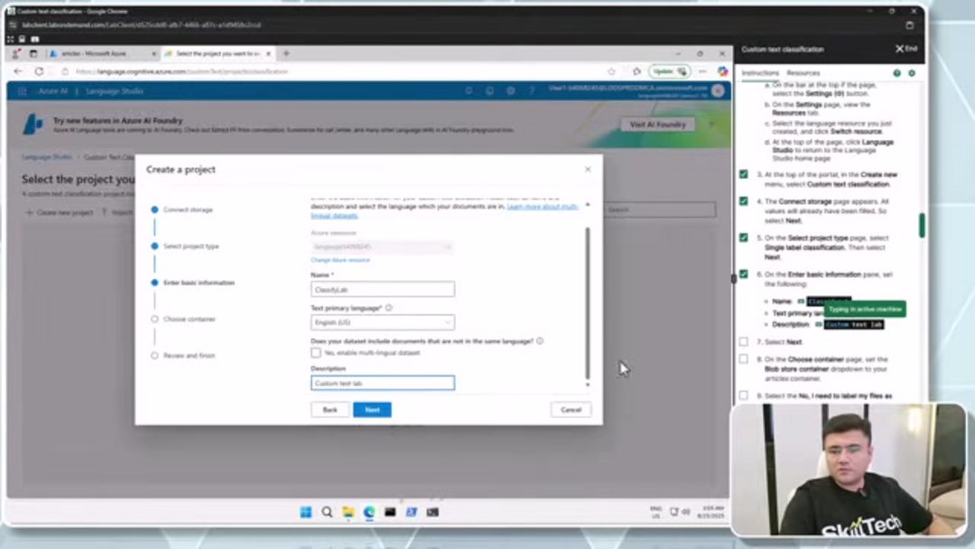 Интерфейс портала Azure, показывающий опции создания ресурса Language Service