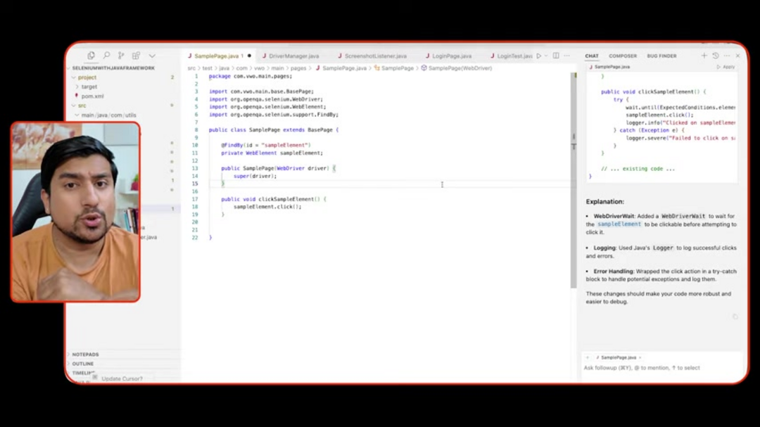 Interface en langage naturel de Cursor AI pour le débogage du code d'automatisation des tests