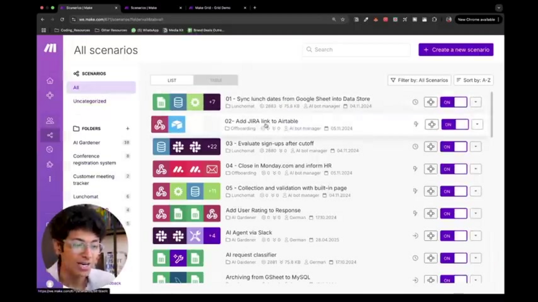 Make.com no-code interface showing drag-and-drop workflow builder