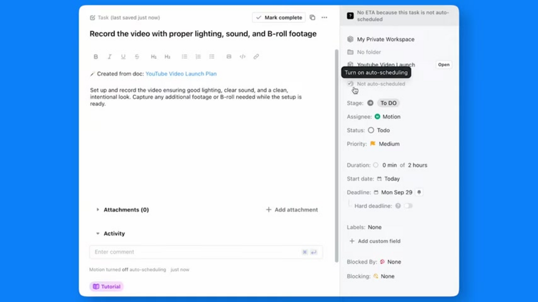 Motion AI 调度界面显示自动时间块