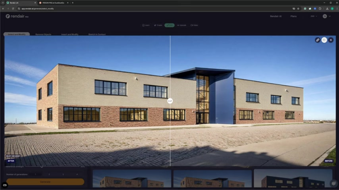 Architectural sketch transforming into realistic 3D rendering using Rendair AI