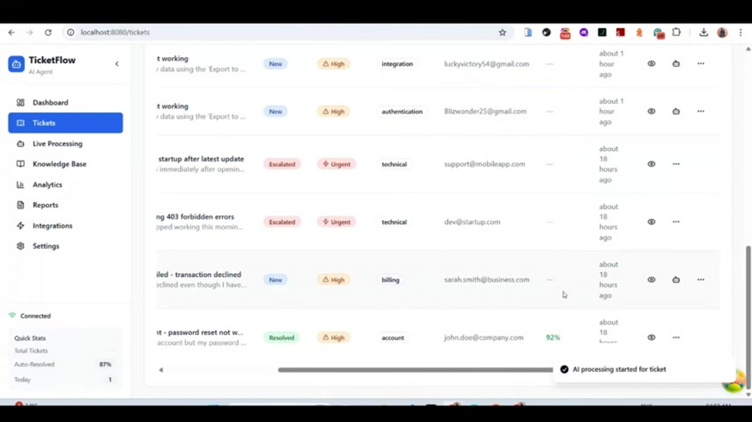 Step-by-step ticket creation interface with AI processing options