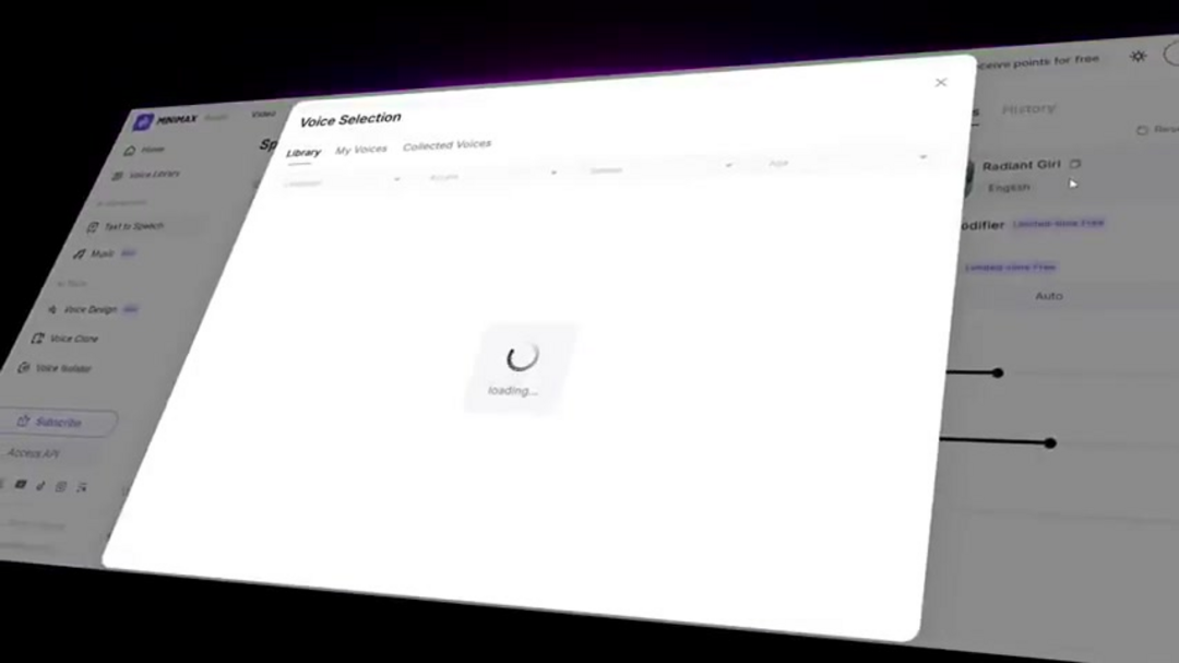 MiniMax Audio dashboard showing voice cloning and text-to-speech options