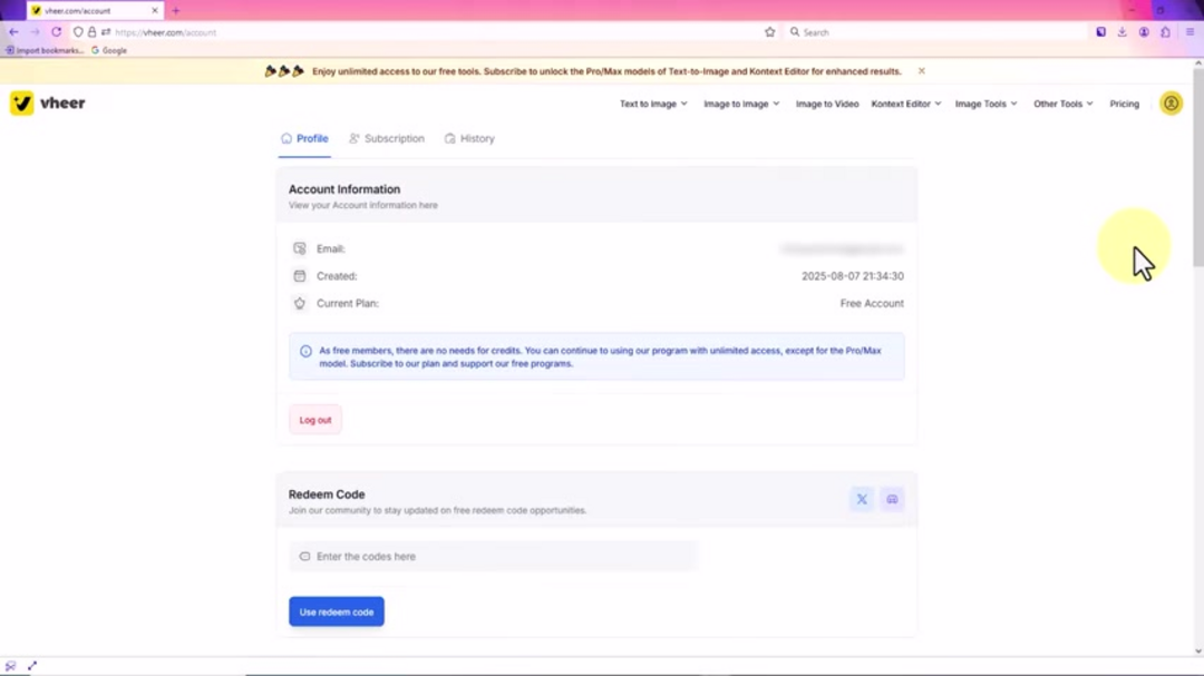 VHeer AI dashboard showing text-to-image generation interface