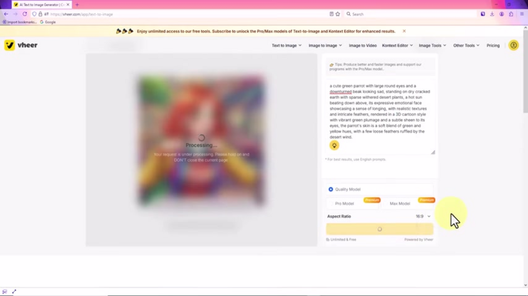VHeer AI video generation interface with upload and settings options
