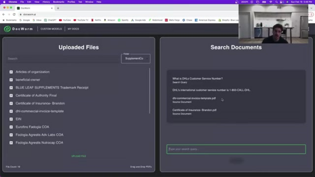 DocWorm AI platform interface showing document search and organization features