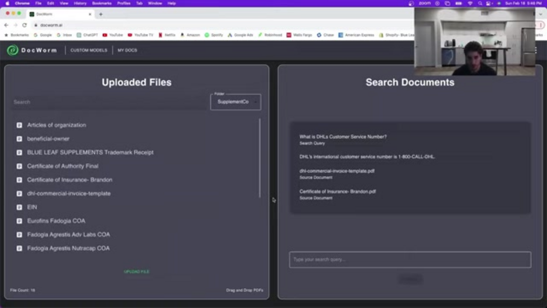 DocWorm document indexing process showing AI analysis of company documents