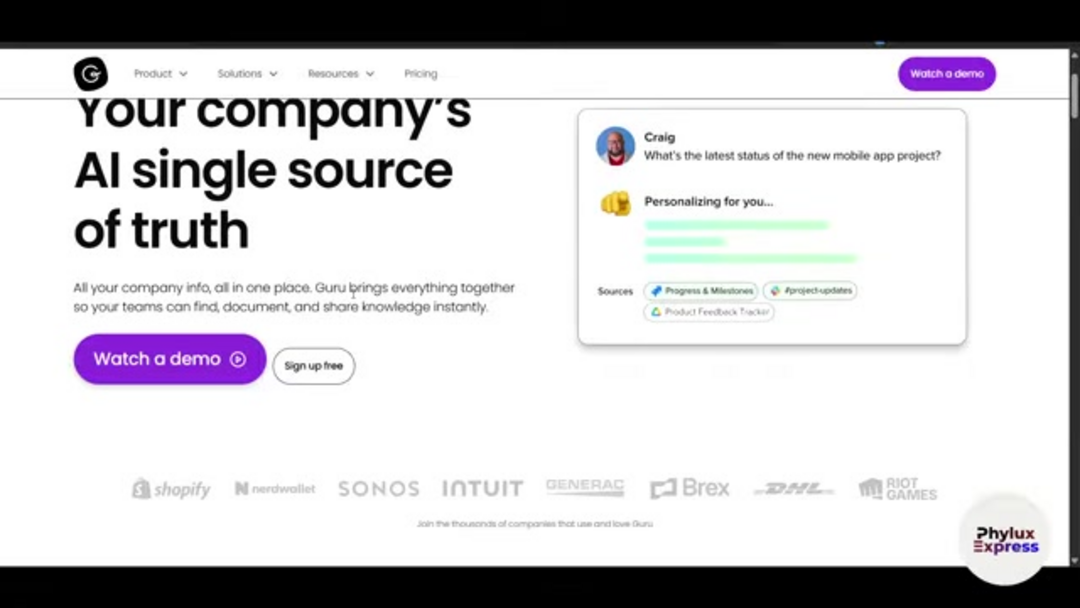 Guru platform interface showing card-based knowledge organization and AI search