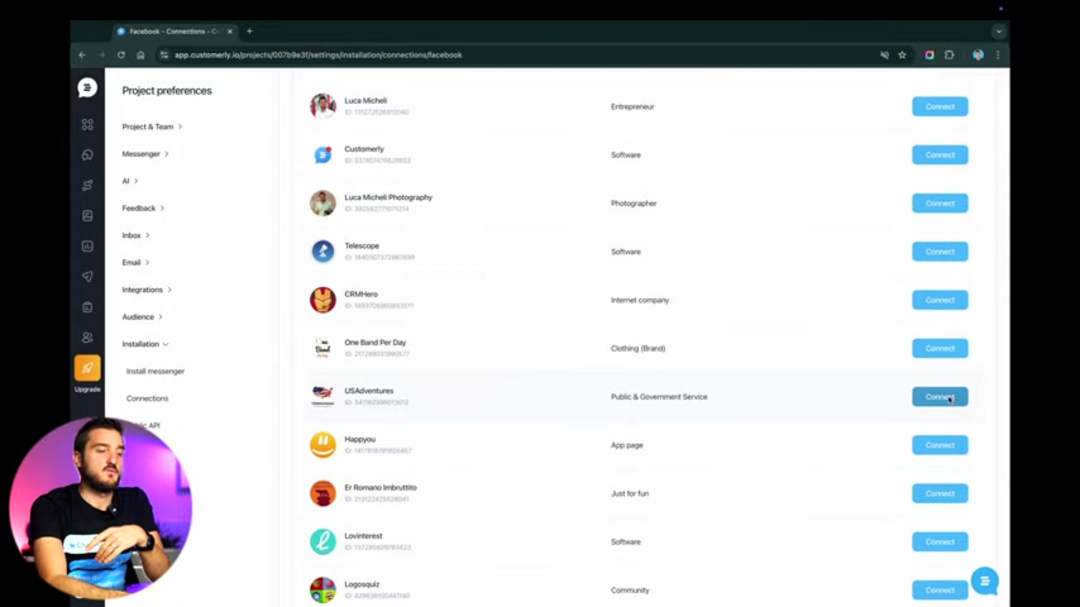 Панель управления Customerly, показывающая интегрированные каналы связи и функции ИИ