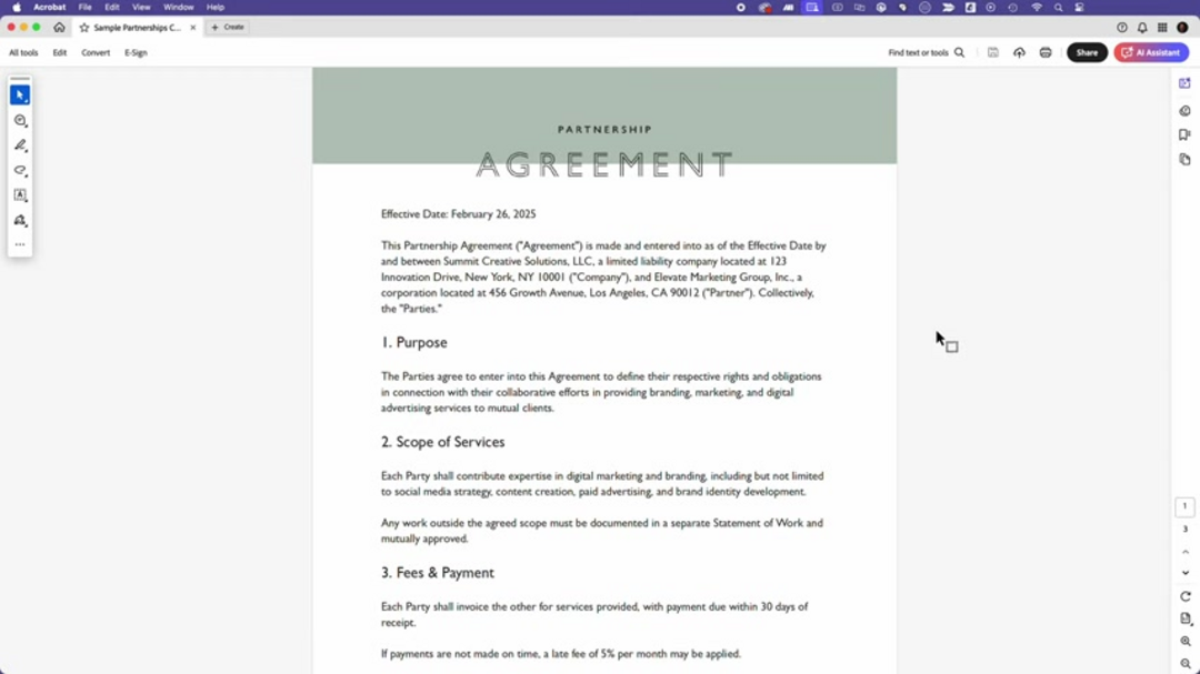 Визуальное резюме рабочего процесса управления контрактами Adobe Acrobat AI Assistant