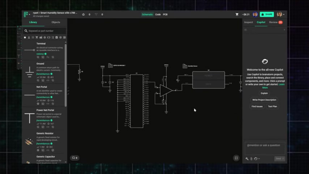 Interface de recherche de composants de Flux Copilot montrant une analyse comparative et des spécifications