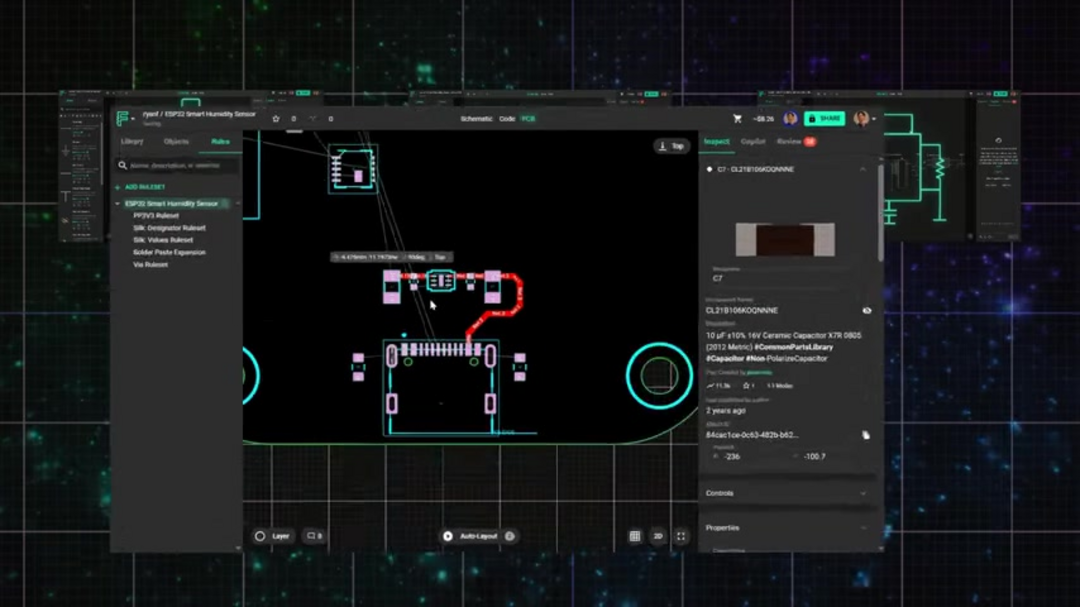 Interface de saisie de schémas de Flux Copilot montrant le placement automatisé des composants et les connexions