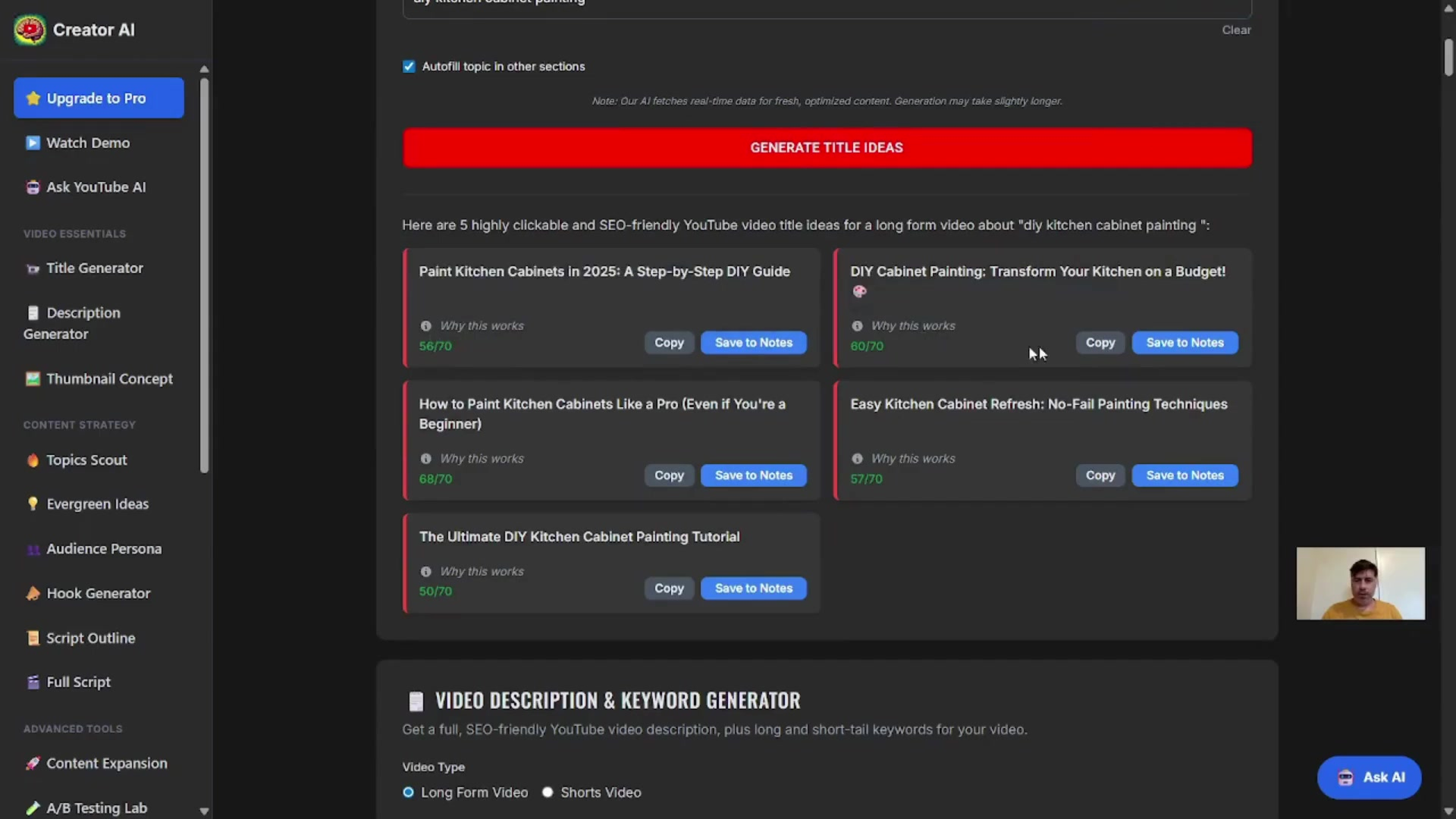 Interfaz de generación de títulos de YouTube Creator AI mostrando múltiples opciones de títulos