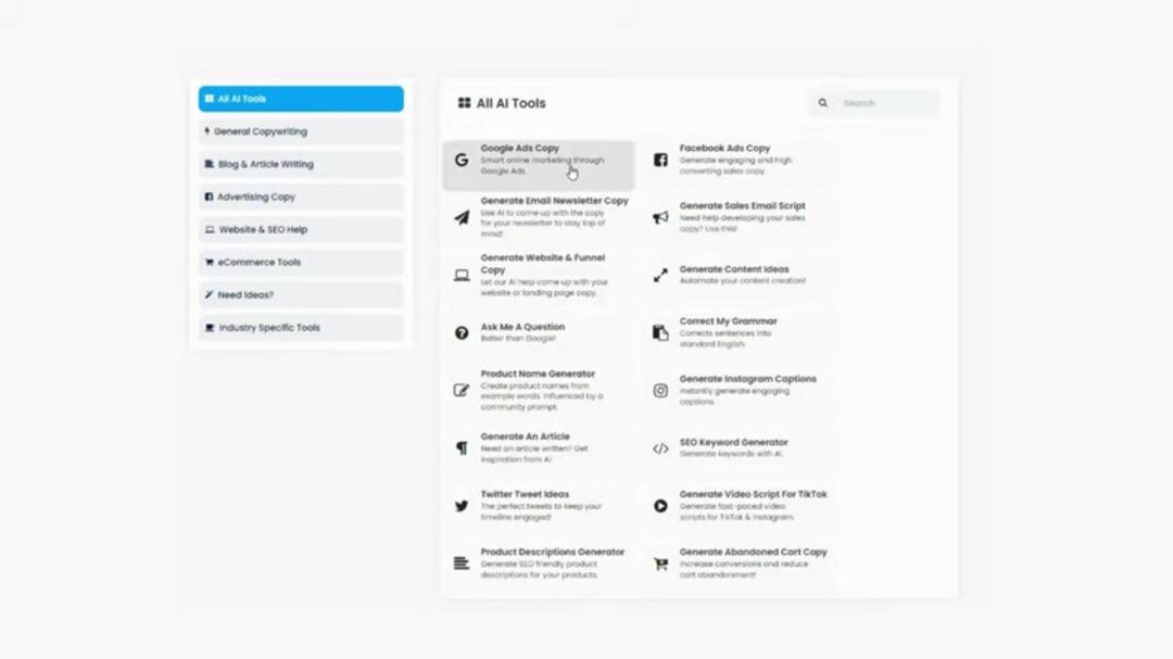 Визуальное резюме функций и преимуществ инструментов ИИ для копирайтинга