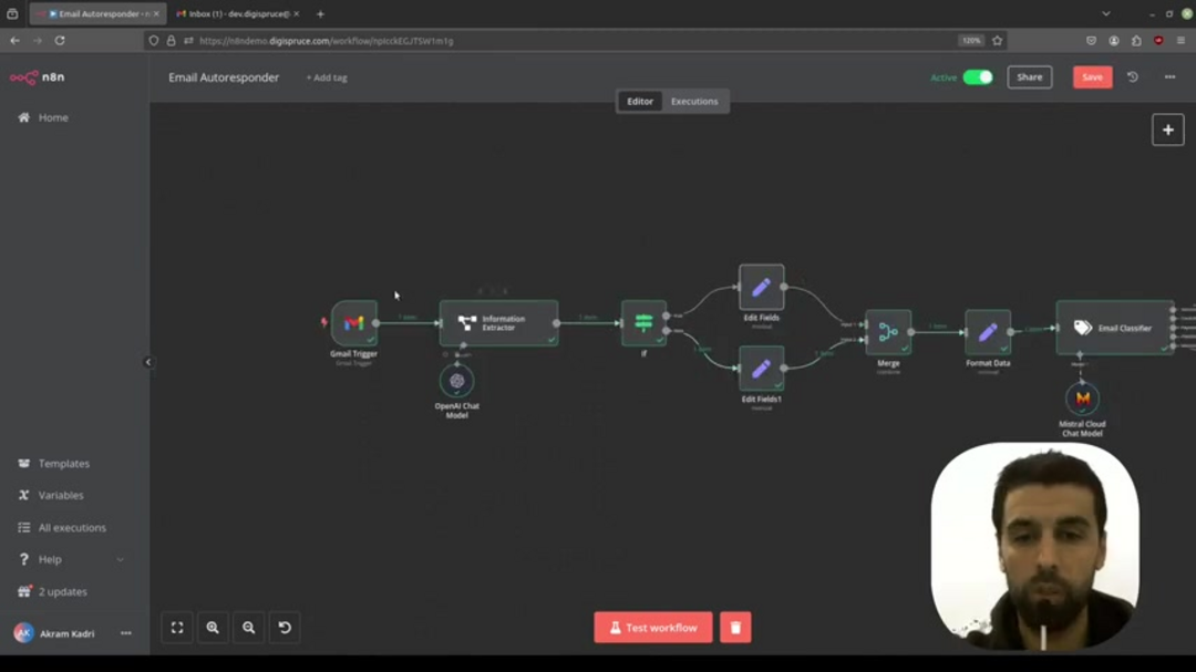 Архитектура рабочего процесса n8n, показывающая узлы-триггеры, обработку ИИ и механизмы ответов