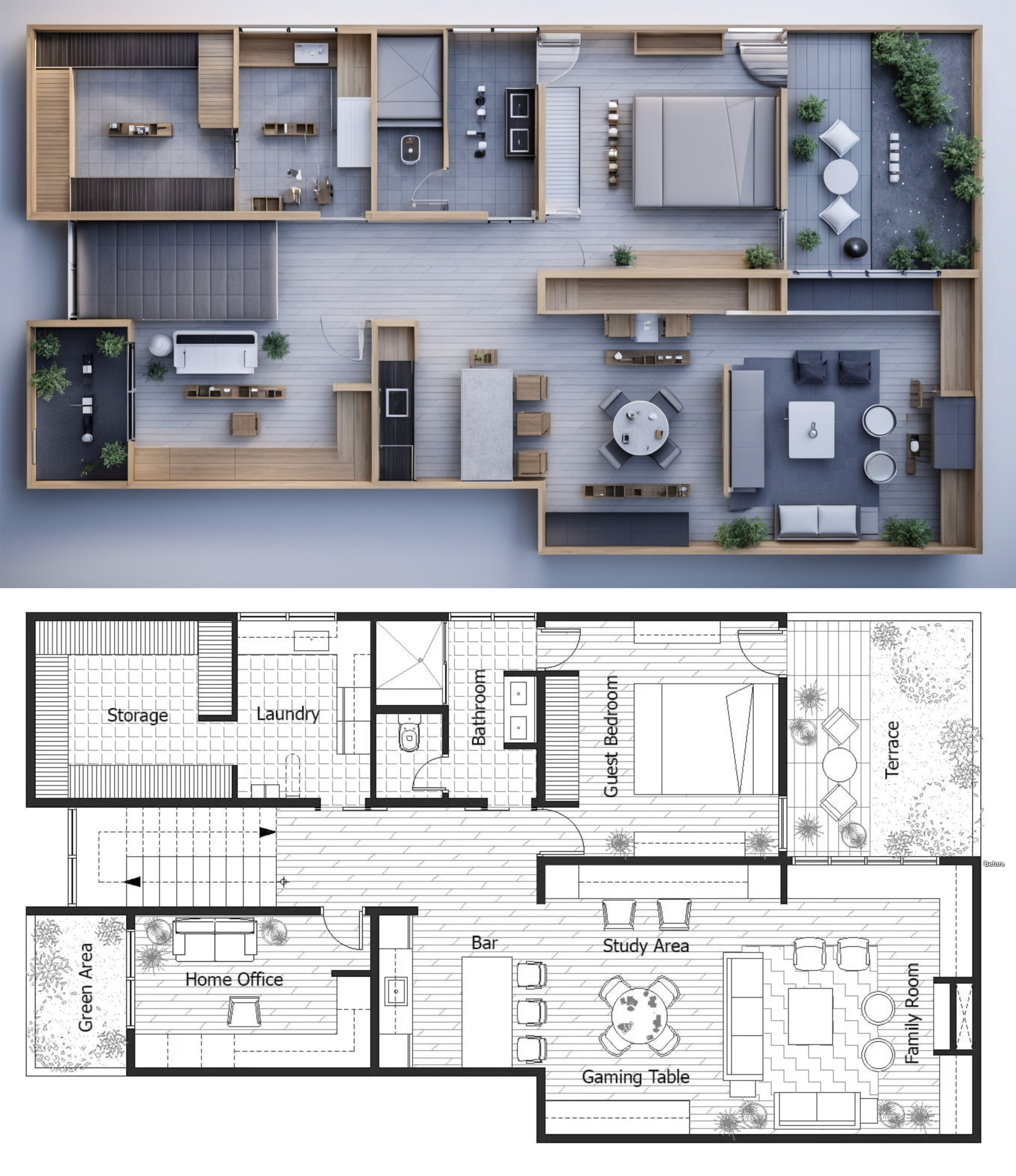 显示原始平面图和 AI 生成的室内渲染转换的比较