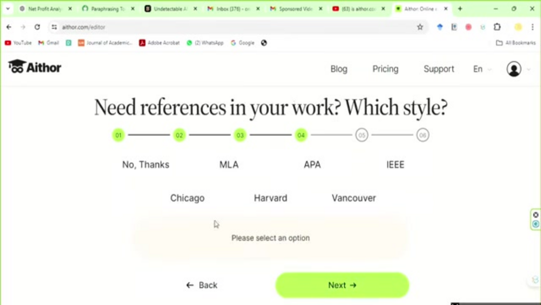 Writeless AI研究论文生成界面,显示引用选项
