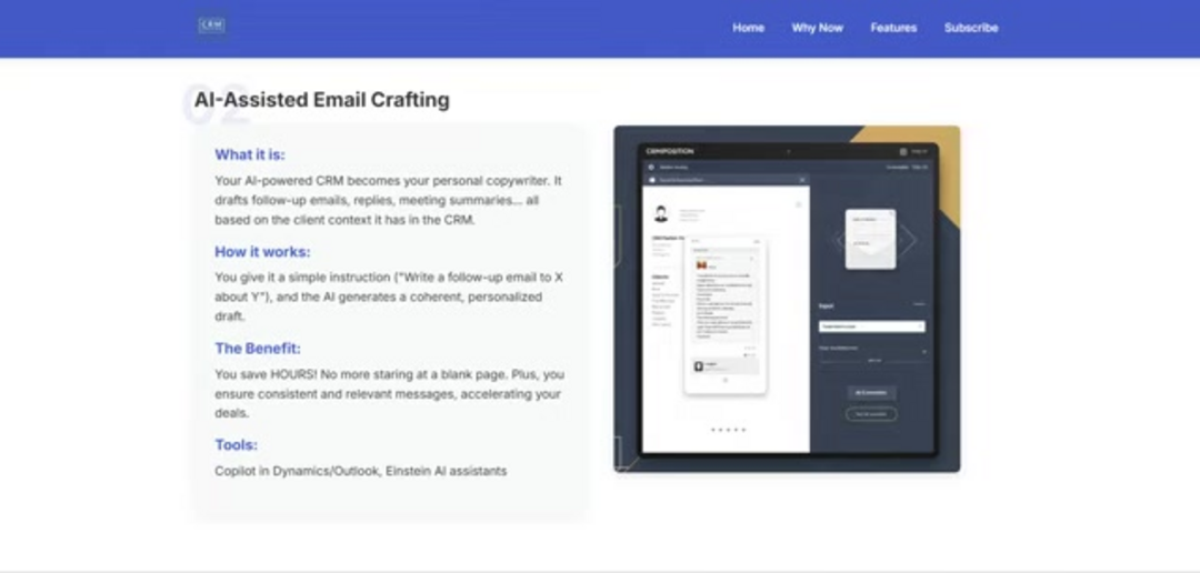 Visual summary of five key AI CRM features and their benefits for sales teams