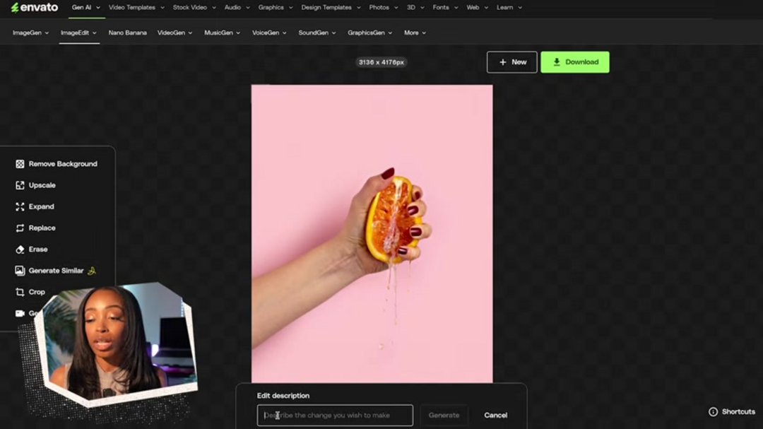 Интерфейс инструмента Envato Image Edit, показывающий опции удаления фона с помощью ИИ