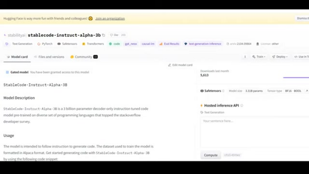 Интерфейс генерации кода StableCode AI, показывающий создание функции на Python