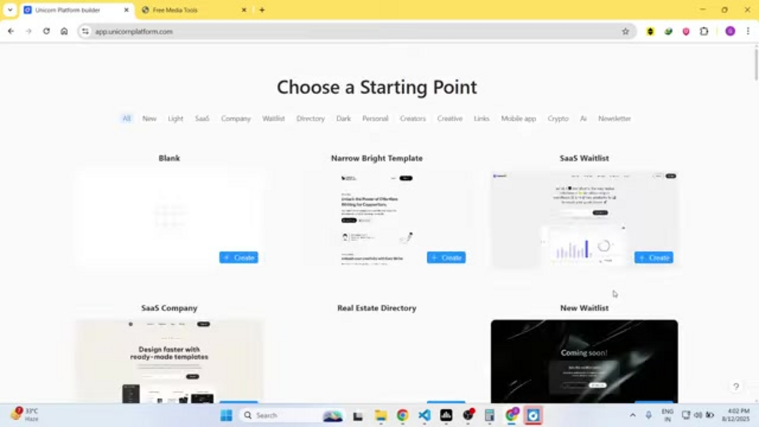 Панель управления Unicorn Platform, показывающая выбор шаблонов и управление проектами