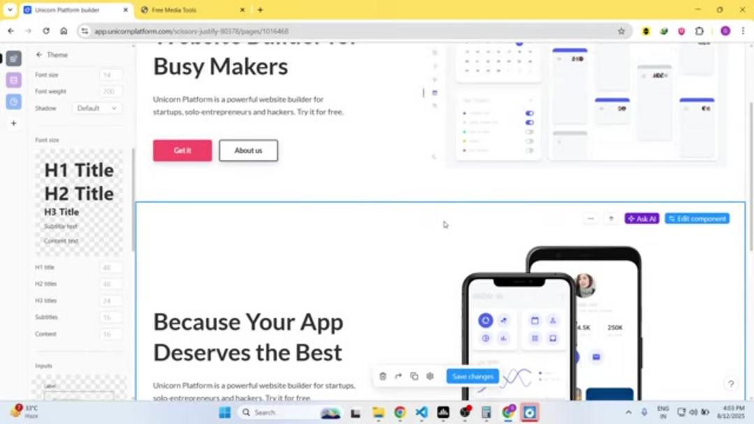 Интерфейс редактора перетаскивания Unicorn Platform с библиотекой компонентов