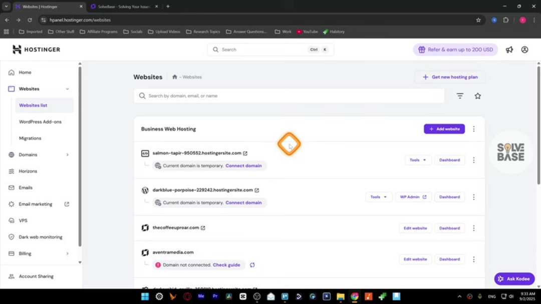 Hostinger hPanel interface showing website management options and SEO settings access