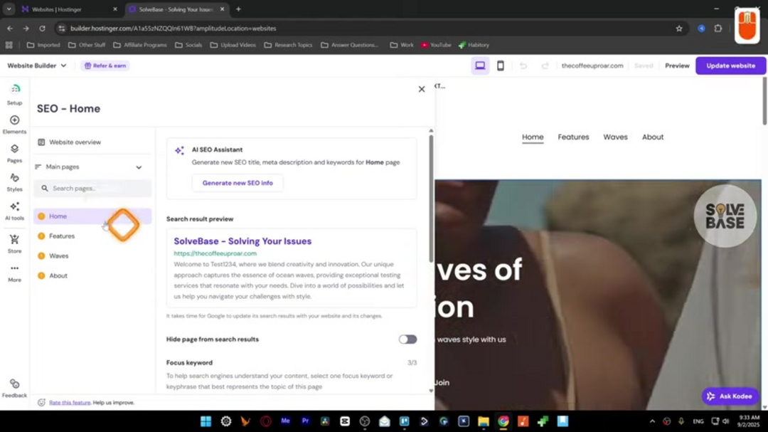 Hostinger AI SEO Assistant interface showing generated meta title and description suggestions