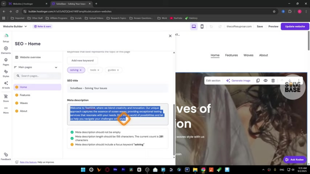 Hostinger meta title and description editor with character count indicators