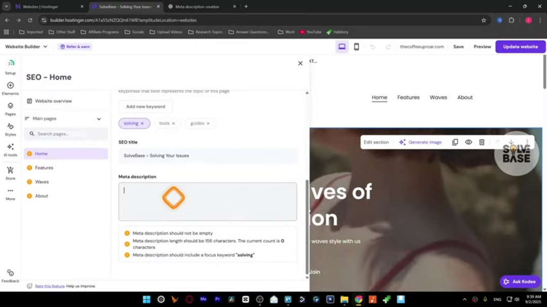 Visual summary of Hostinger SEO optimization process showing key steps and settings