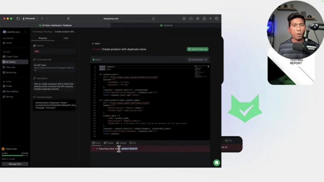 TestSprite AI Agents feature overview showing test generation and execution workflow