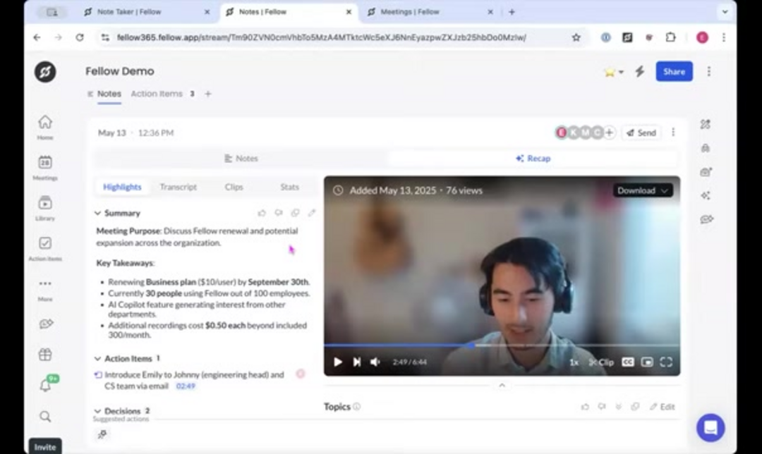 Fellow.app AI features including meeting summaries and action item detection