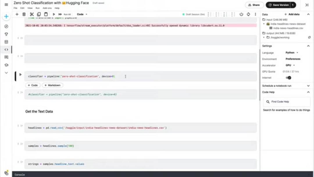 Ejemplo de código que muestra comandos de instalación e importaciones de bibliotecas para clasificación zero-shot