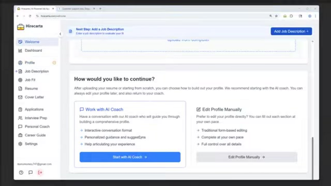 Hirecarta job matching interface showing color-coded fit assessment for different positions