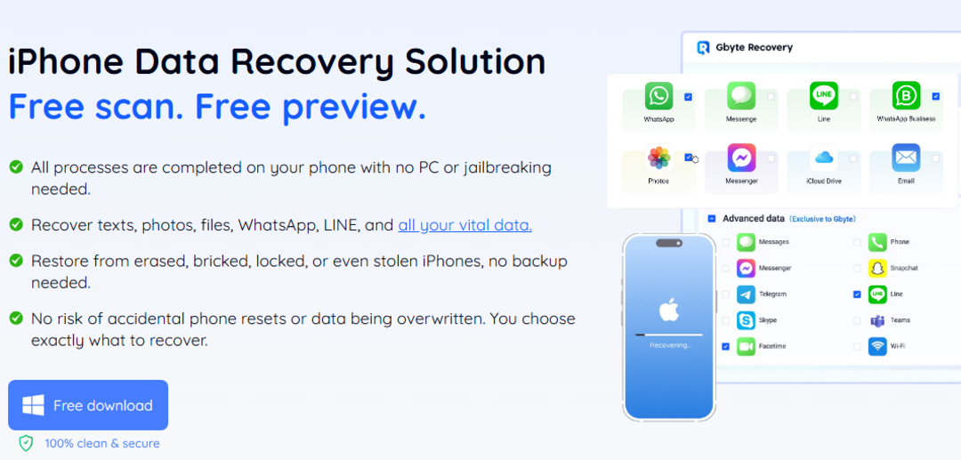 Gbyte Recovery interface showing data scanning and file preview options
