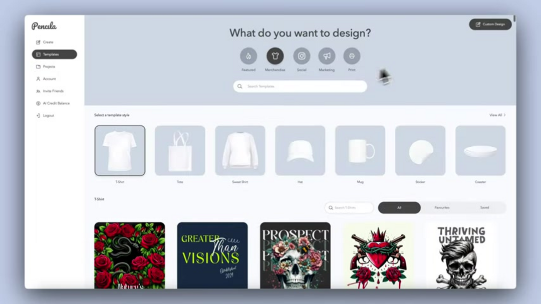Pencila workspace showing template categories and design tools