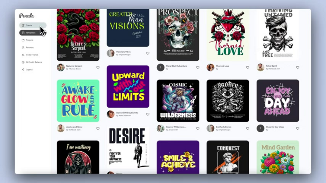 Pencila custom design interface showing size presets and t-shirt template options