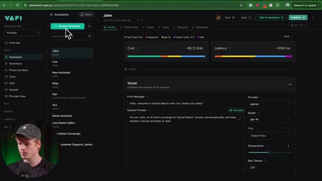 Vapi Workflows interface showing visual conversation design with nodes and edges