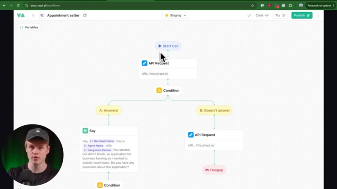 Detailed view of Vapi Workflow interface showing node connections and configuration options