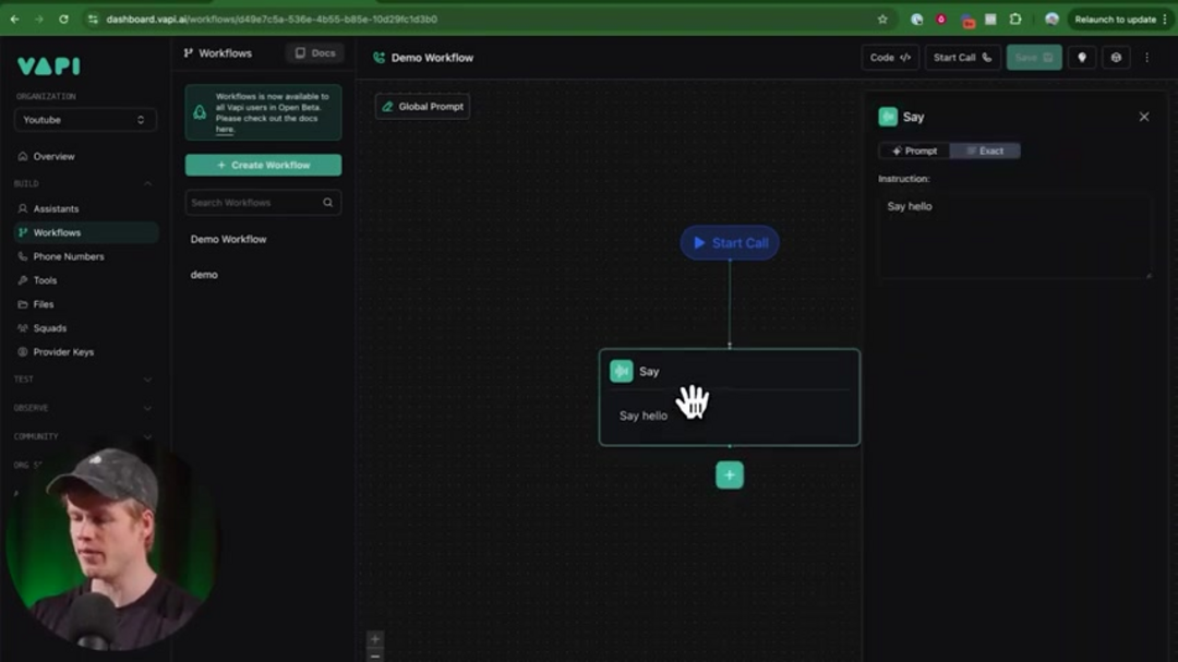 Vapi dashboard showing assistant creation and configuration options
