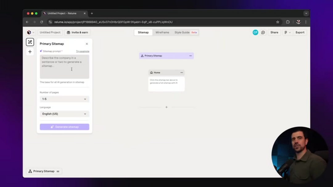 Relume AI界面显示站点地图生成和样式指南创建