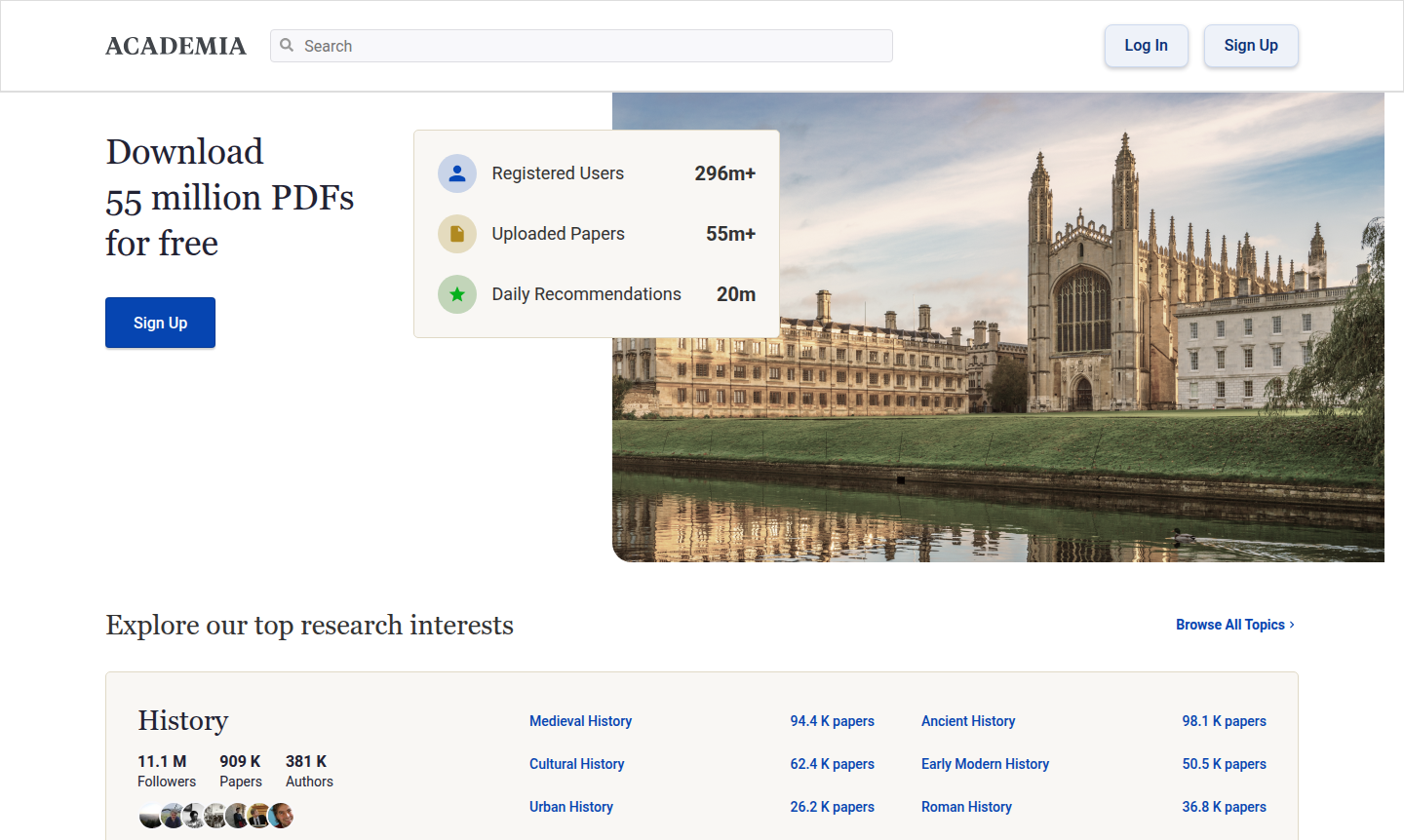 Academia.edu research platform interface showing academic papers and analytics