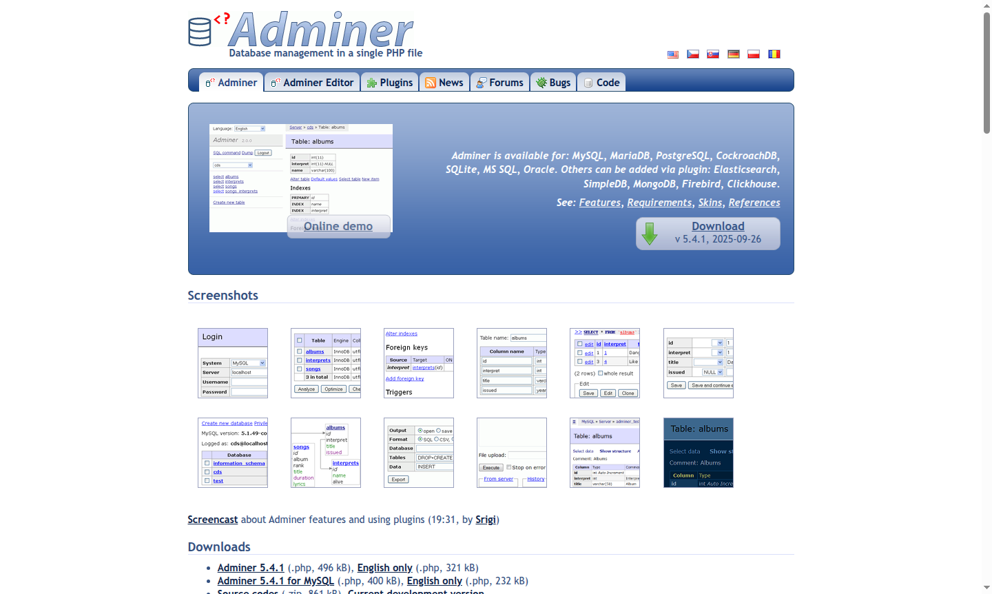 Adminer database management tool interface