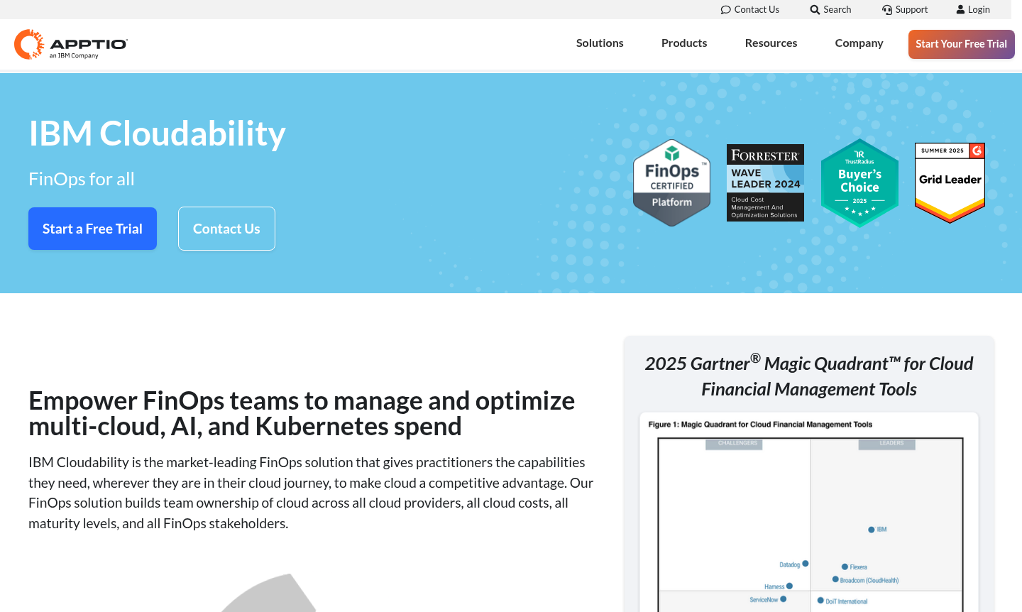 IBM Cloudability dashboard showing multi-cloud cost analytics and optimization features