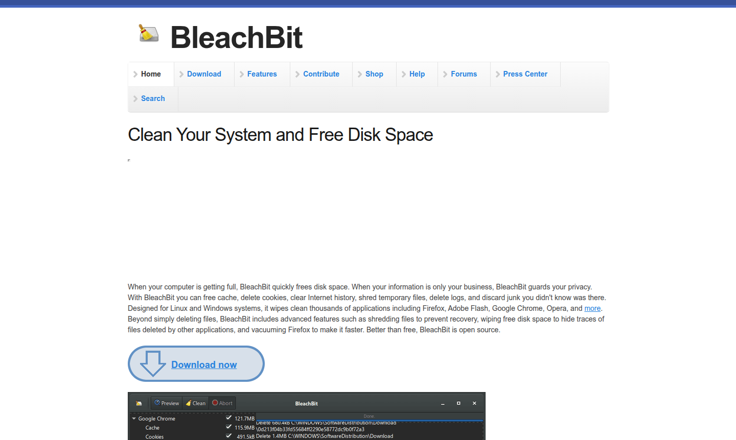 BleachBit application interface showing system cleanup options and privacy tools